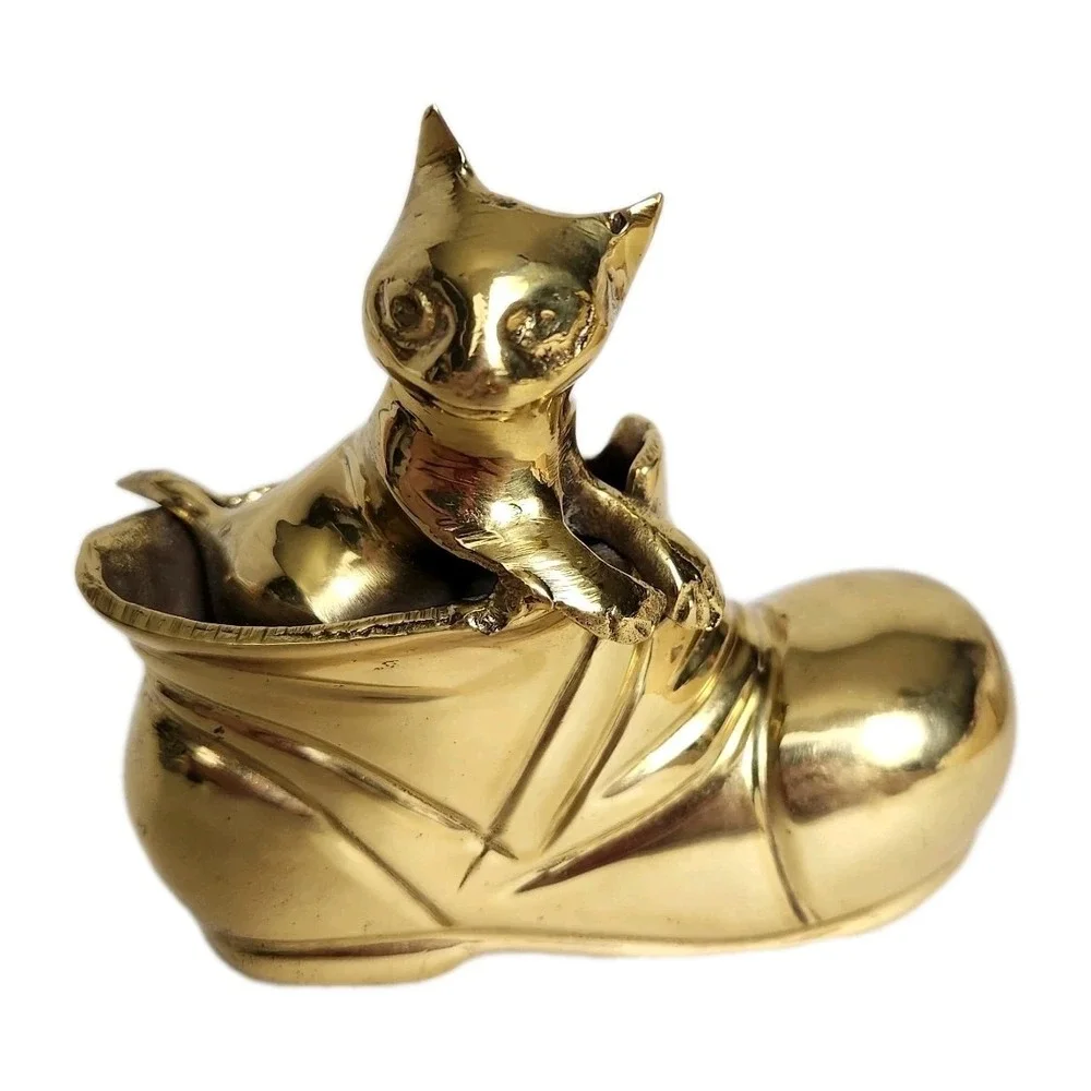 Vintage Brass Cat in Boot Figurine Heavy Kitten Shoe Gold Trinket Paperweight